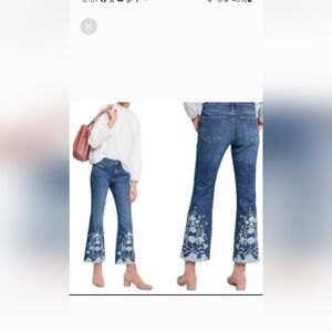 PILCRO Blue Flare Wide Leg Jeans with Embroidery and Distressing